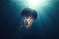 Realistic jellyfish in the depths of the ocean with lightbeams from above created with generative AI technology