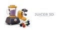 Realistic juicer, blender, fresh berries. Concept of making juice and smoothies