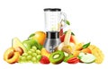 Realistic Juicer blender. Kitchen blender with set of fruits, bananas, oranges, kiwi, peach, grapes, strawberry, apple, mango,