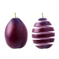 Realistic juicy ripe plum and its peel