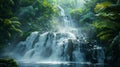 Realistic jungle waterfall with lush greenery, misty water, vibrant colors in high resolution