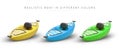 Realistic kayaks of green, blue, yellow color. Single boats for sports competitions