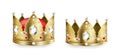 Realistic king and queen crowns. 3D golden royal monarch headdress collection, heraldic and coronation symbol. Vector