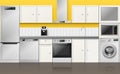 Realistic kitchen interior. 3d built in metallic appliances, cabinet furniture and cupboards, yellow gray color scheme