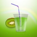 Realistic Kiwi juice in a plastic Cup. Vector illustration with kiwi and Cup of juice