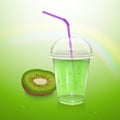 Realistic Kiwi juice in a plastic Cup. Vector illustration with kiwi and Cup of juice