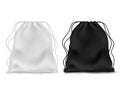 Realistic knapsack. Black white blank backpack. Sports bag, school textile rucksack, pack pouch accessory with ropes