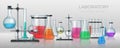 Realistic laboratory. Chemistry lab equipment, 3D flask tubes beaker and other measuring glassware. Vector chemical or