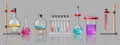 Realistic laboratory equipment. Glass tubes, flasks, burner and beaker with chemicals on holders. Chemistry lab test