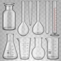 Realistic laboratory glassware, glass test tubes beaker and flask. Chemical laboratory transparent glass 3d equipment vector Royalty Free Stock Photo