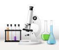 Realistic laboratory research. 3d microscope with test tubes tripod, glass flasks with colorful reagents, chemical Royalty Free Stock Photo