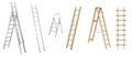 Realistic ladders for housekeeping. Set of stepladders, stair cases and rope ladder wooden and metal