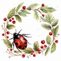 Realistic Ladybug Sitting On Berry And Holly Wreath Vector Clipart Royalty Free Stock Photo