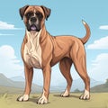 Realistic Landscape Cartoon Of Boxer Dog On Field
