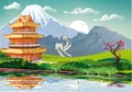 Realistic landscape of China. Chinese pagoda in the traditional Oriental style on the lake. Royalty Free Stock Photo