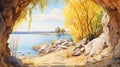 Realistic Landscape Painting Of A Cave Near A Lake