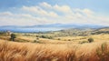 Realistic Landscape Painting: Greek Island With Wheat Fields And Ocean Royalty Free Stock Photo