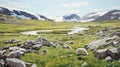 Realistic Landscape Painting: Sheep Grazing Near Waterfall