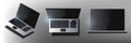 Realistic laptop with blank screen. Top view, side view and with isometric 3D projection. Presentation laptop for web
