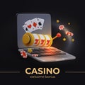 Realistic laptop, slot machine with winning combination, playing cards, poker chips Royalty Free Stock Photo