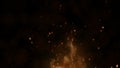 Realistic large fire with hot sparks rise in the night sky. Burning flame on an abstract background with a light Royalty Free Stock Photo