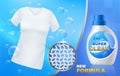 Realistic laundry detergent. Clean white t-shirt, washing clothes gel in plastic bottle, soap bubbles and fabric fibers Royalty Free Stock Photo