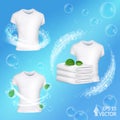 Realistic laundry detergent swirl on blue background, laundry. Clean white T-shirt, washed fresh linen with mint leaves, frosty