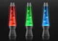 Realistic lava lamps in different colors on dark background. Editable vector illustration.