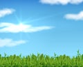 Realistic lawn and sky. 3D spring grass background with sun and clouds. Vector banner for business presentation and Royalty Free Stock Photo