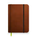 Realistic leather brown notebook with black elastic band. Top view diary template. Vector notepad mockup. Closed diary with green