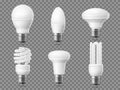 Realistic led light bulb. Modern energy saving lamps, 3d fluorescent objects, different shapes electricity elements