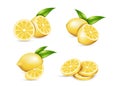 Realistic lemon with green leaf sliced set. Sour fresh fruit, bright yellow peel, set of citrus Royalty Free Stock Photo
