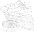 Realistic lemon lime pie slice with cream sketch template. Cartoon cake, food vector illustration in black and white