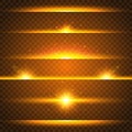 Realistic lens flare set. Collection of gold light effects on transparent background. Flash with rays and spotlight