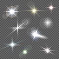 Realistic lens flares star lights and glow white elements on transparent background vector illustration