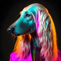 Realistic lifelike afghan hound dog puppy in fluorescent electric highlighters ultra-bright neon outfits
