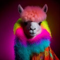 Realistic lifelike alpaca in fluorescent electric highlighters ultra-bright neon outfits, commercial, editorial. Generative AI