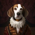 Realistic lifelike Beagle dog puppy in renaissance regal medieval noble royal outfits