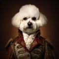 Realistic lifelike Bichon Frise dog puppy in renaissance regal medieval noble royal outfits