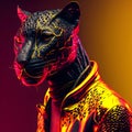 Realistic lifelike black panther in fluorescent electric highlighters ultra-bright neon outfits