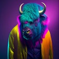 Realistic lifelike buffalo in fluorescent electric highlighters ultra-bright neon outfits. 80s Era comeback. Generative AI