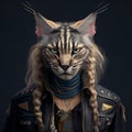 Realistic lifelike cat kitten in punk rock rockstar leather outfits, surreal surrealism, Generative AI