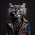 Realistic lifelike cat kitten in punk rock rockstar leather outfits, surreal surrealism, Generative AI