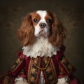 Realistic lifelike Cavalier King Charles Spaniel dog puppy in renaissance regal medieval noble royal outfits