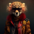 Realistic lifelike cheetah in punk rock rockstar leather outfits, surreal surrealism. generative ai