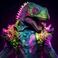 Realistic lifelike dinosaur in disco neon glitter bright outfits, surreal surrealism, Generative AI