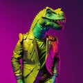 Realistic lifelike dinosaur fluorescent electric highlighters ultra-bright neon outfits, commercial, editorial. Generative AI