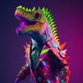 Realistic lifelike dinosaur in fluorescent electric highlighters ultra-bright neon outfits, commercial, editorial. Generative AI