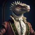 Realistic lifelike dinosaur in renaissance regal medieval noble royal outfits. 18th-century historical. Generative AI