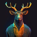 Realistic lifelike elk in disco neon glitter bright outfits, surreal surrealism, Generative AI